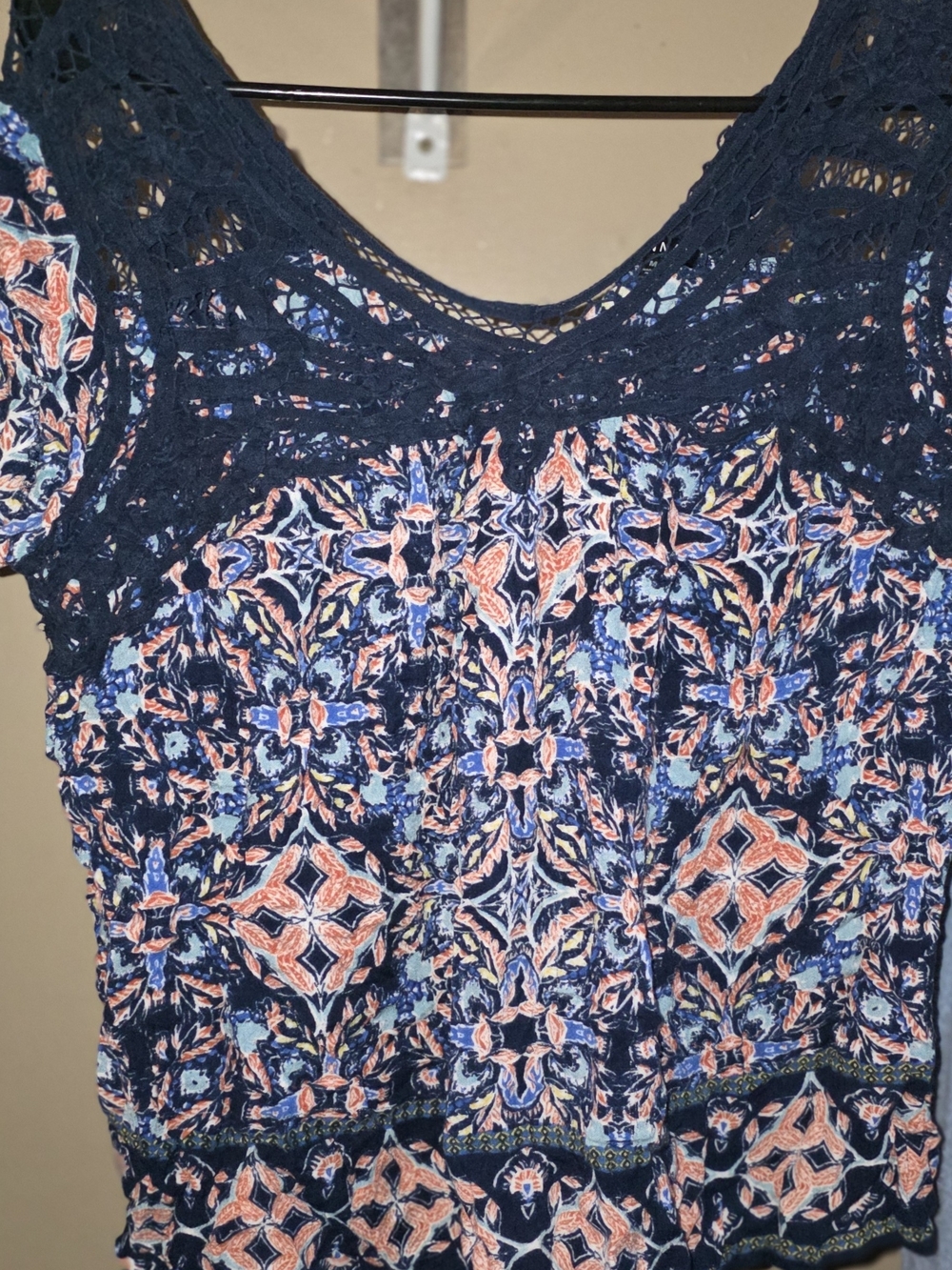 Hannah Navy Crochet Yoke Floral Medallion Top